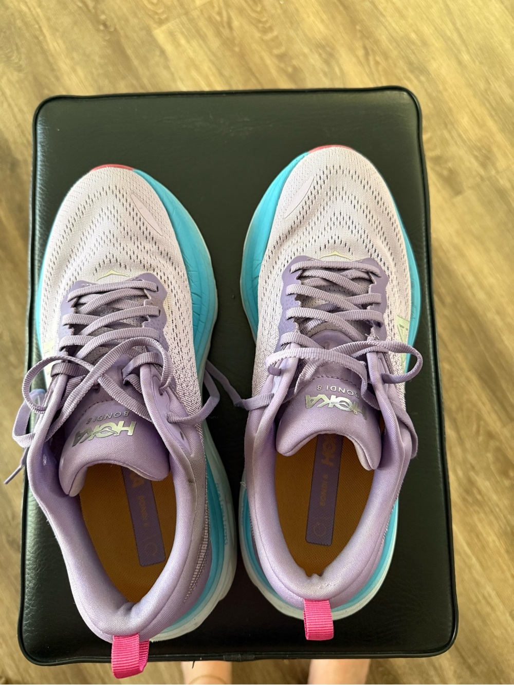 Hoka Women's Lavender Running Shoes with Teal Soles and Pink Pull Tabs
